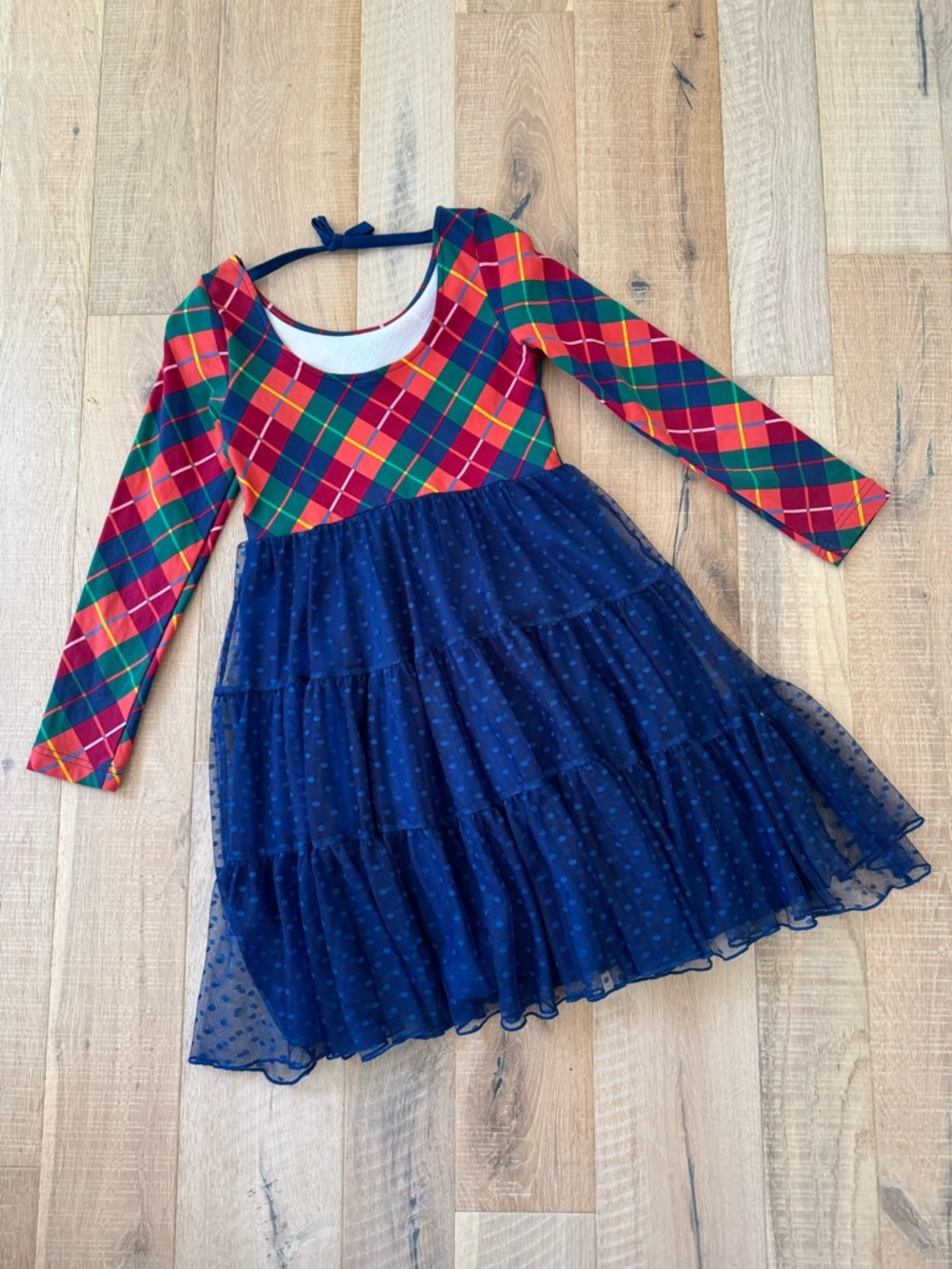 Wildflowers Red Green Plaid Top with Navy Blue Tulle Skirt Girls Dress
